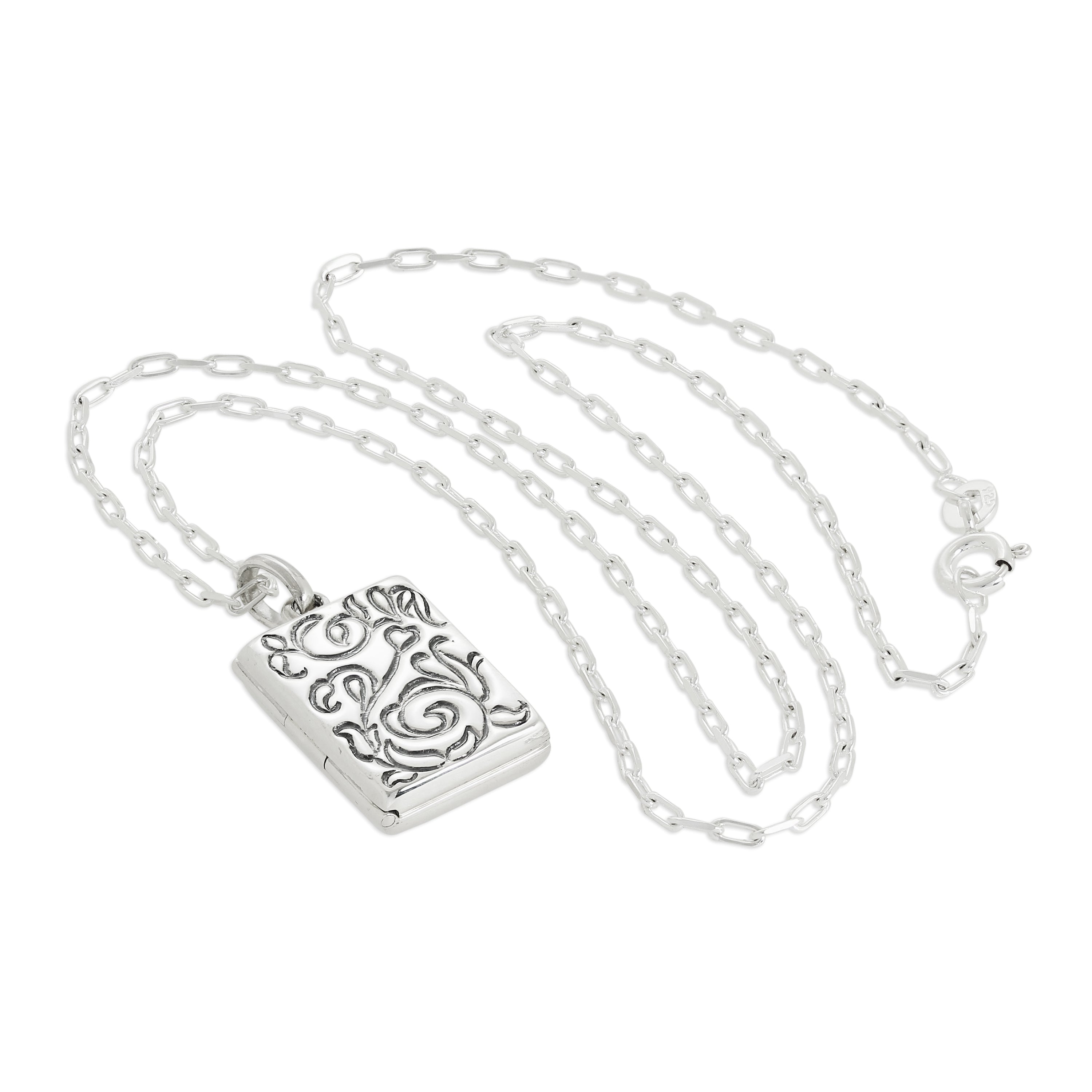 Rechteckiges Medaillon aus Sterlingsilber mit Blumenmuster an einer Kette, 16–24 Zoll