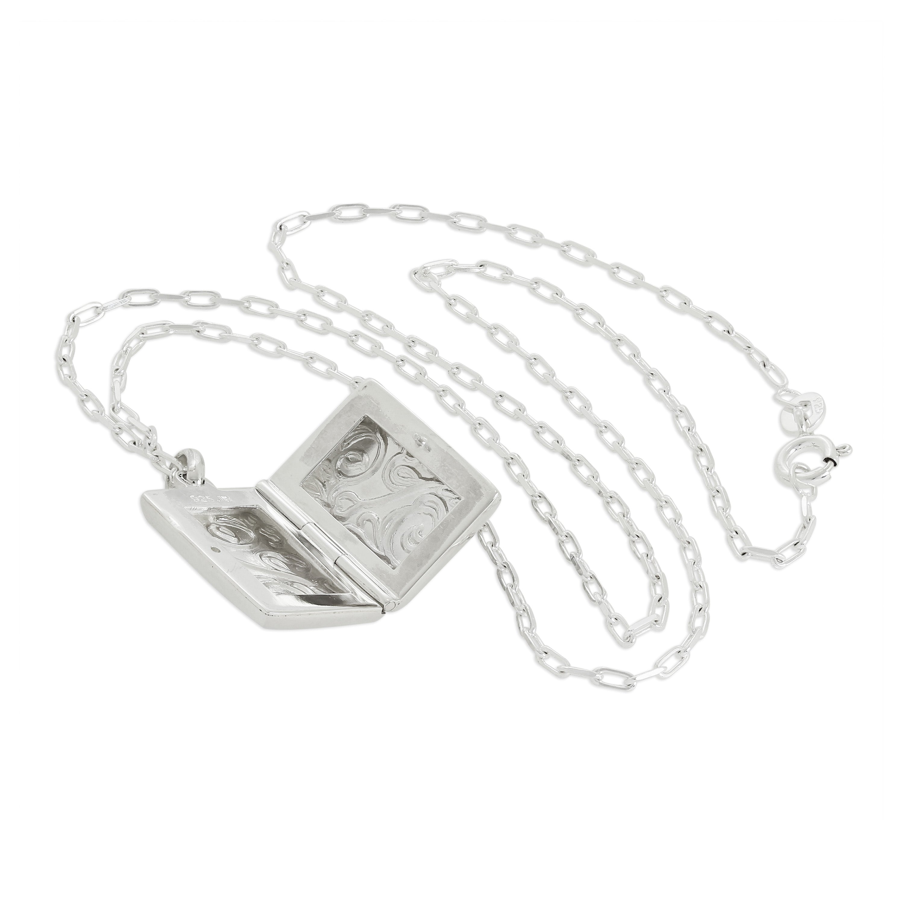 Rechteckiges Medaillon aus Sterlingsilber mit Blumenmuster an einer Kette, 16–24 Zoll