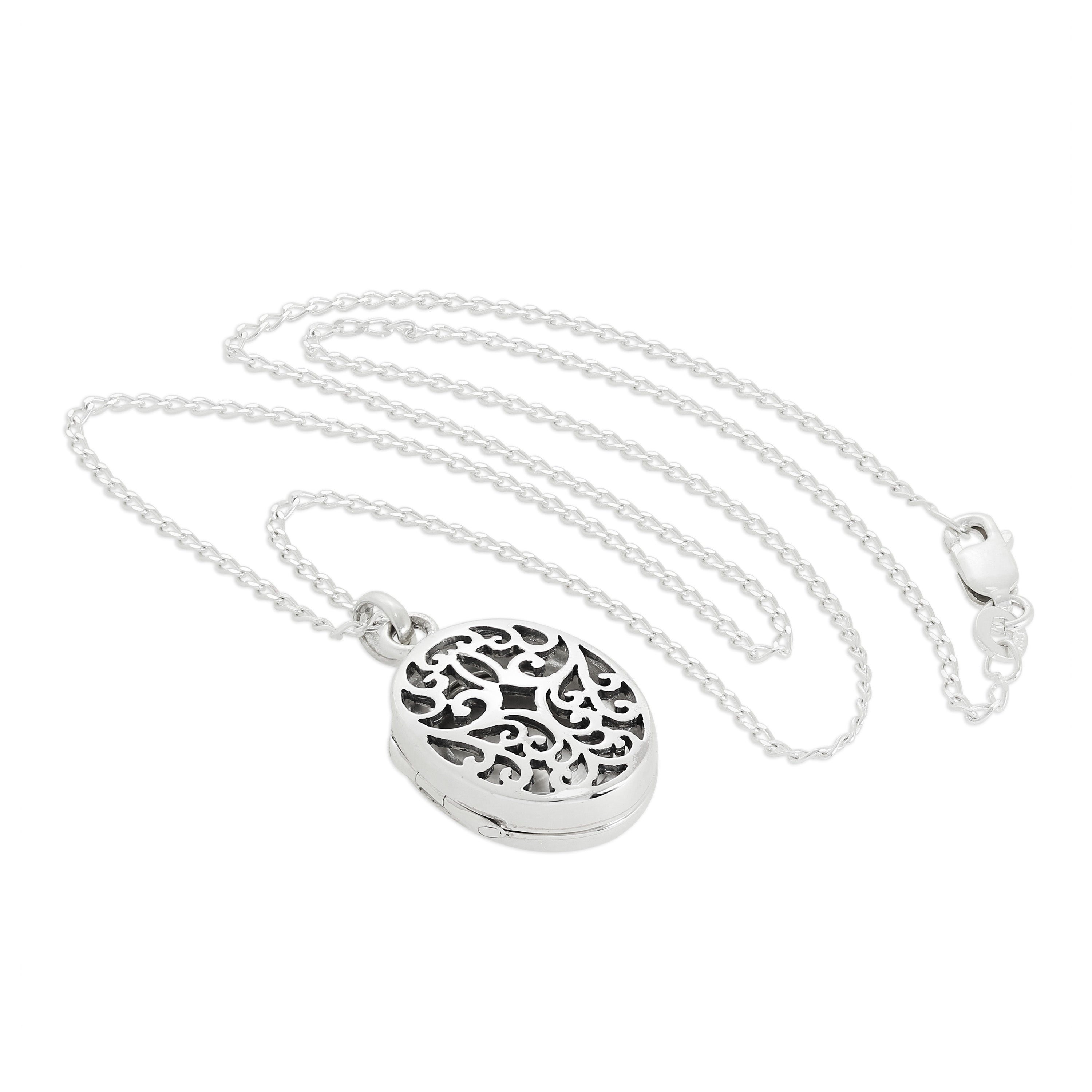 Ovales Medaillon aus Sterlingsilber mit filigranem Ausschnittdesign an Kette 16–24 Zoll