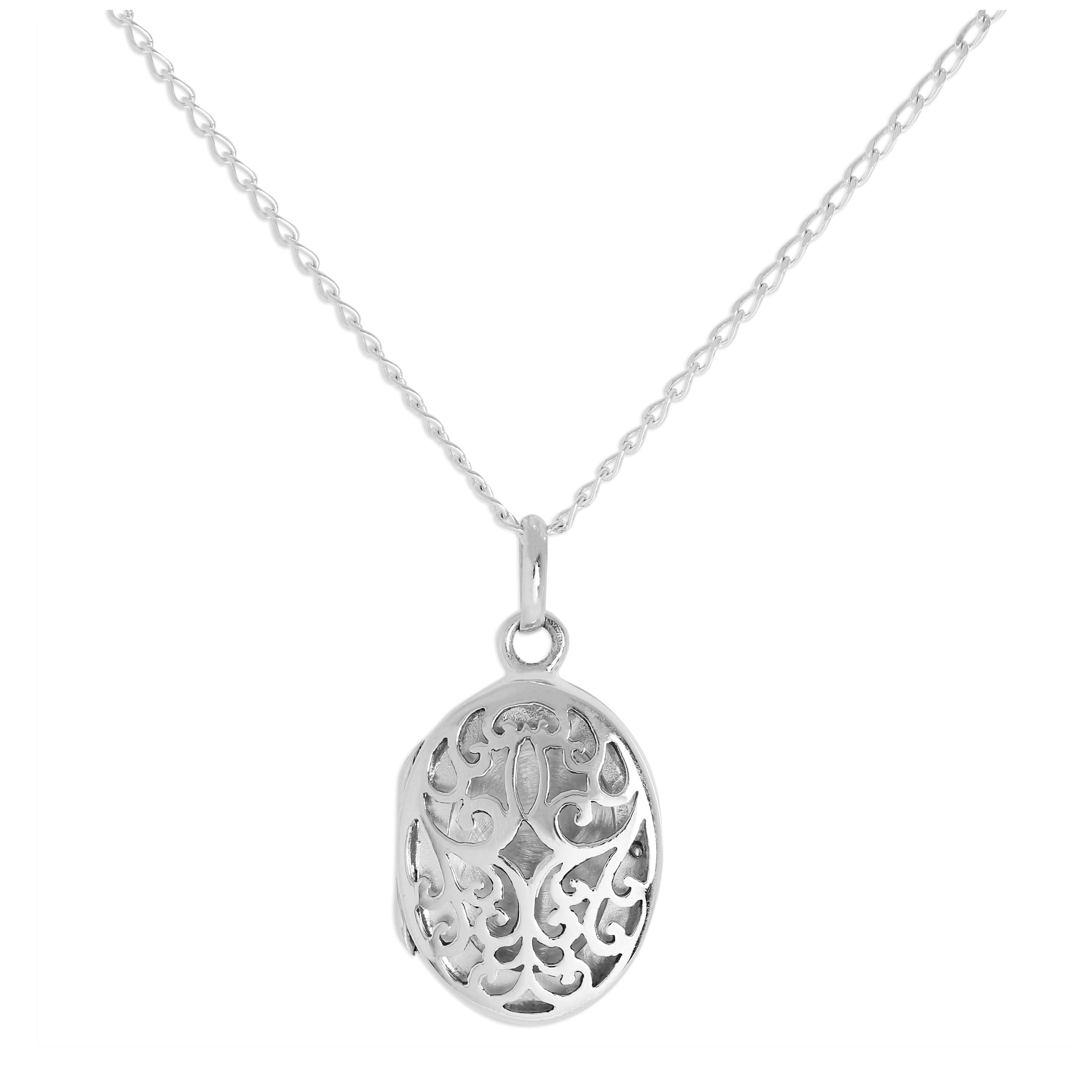 Ovales Medaillon aus Sterlingsilber mit filigranem Ausschnittdesign an Kette 16–24 Zoll