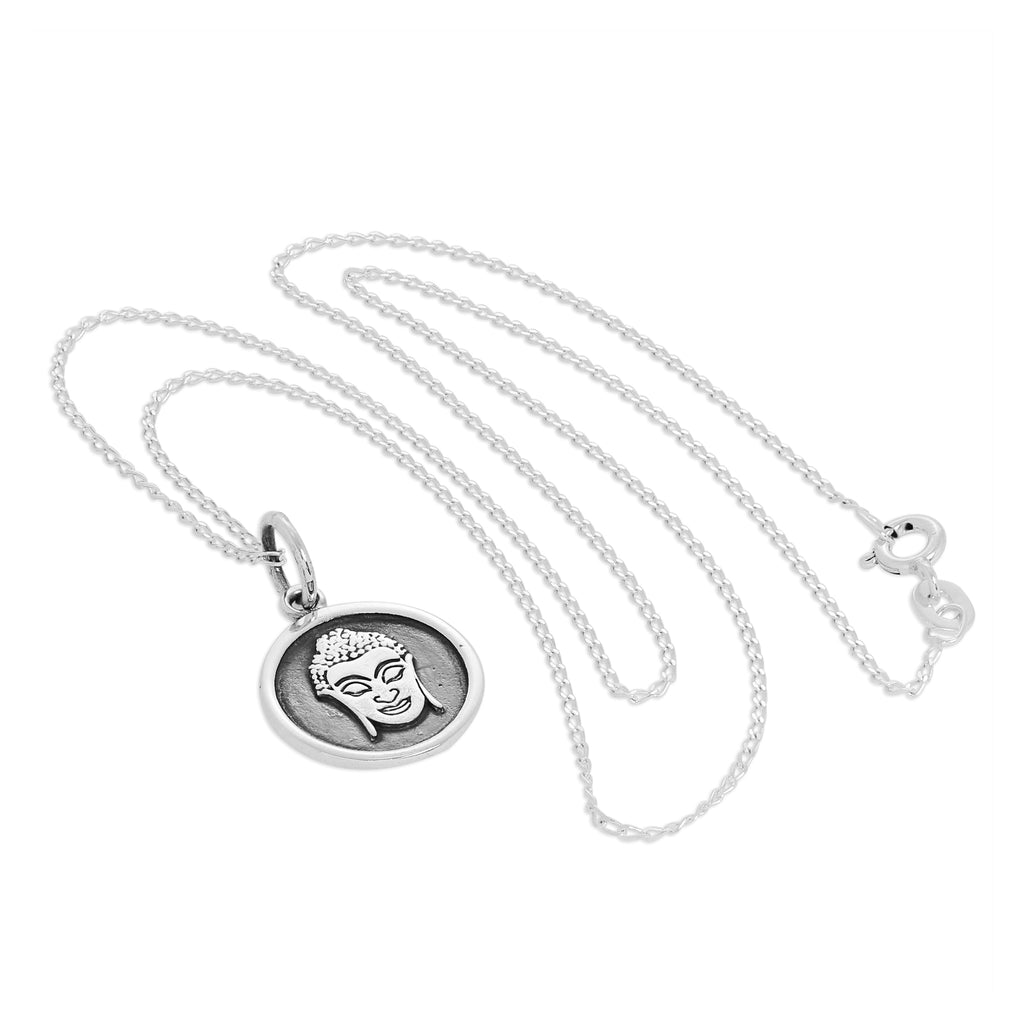 Halskette mit rundem Buddha-Anhänger aus Sterlingsilber, 14–32 Zoll