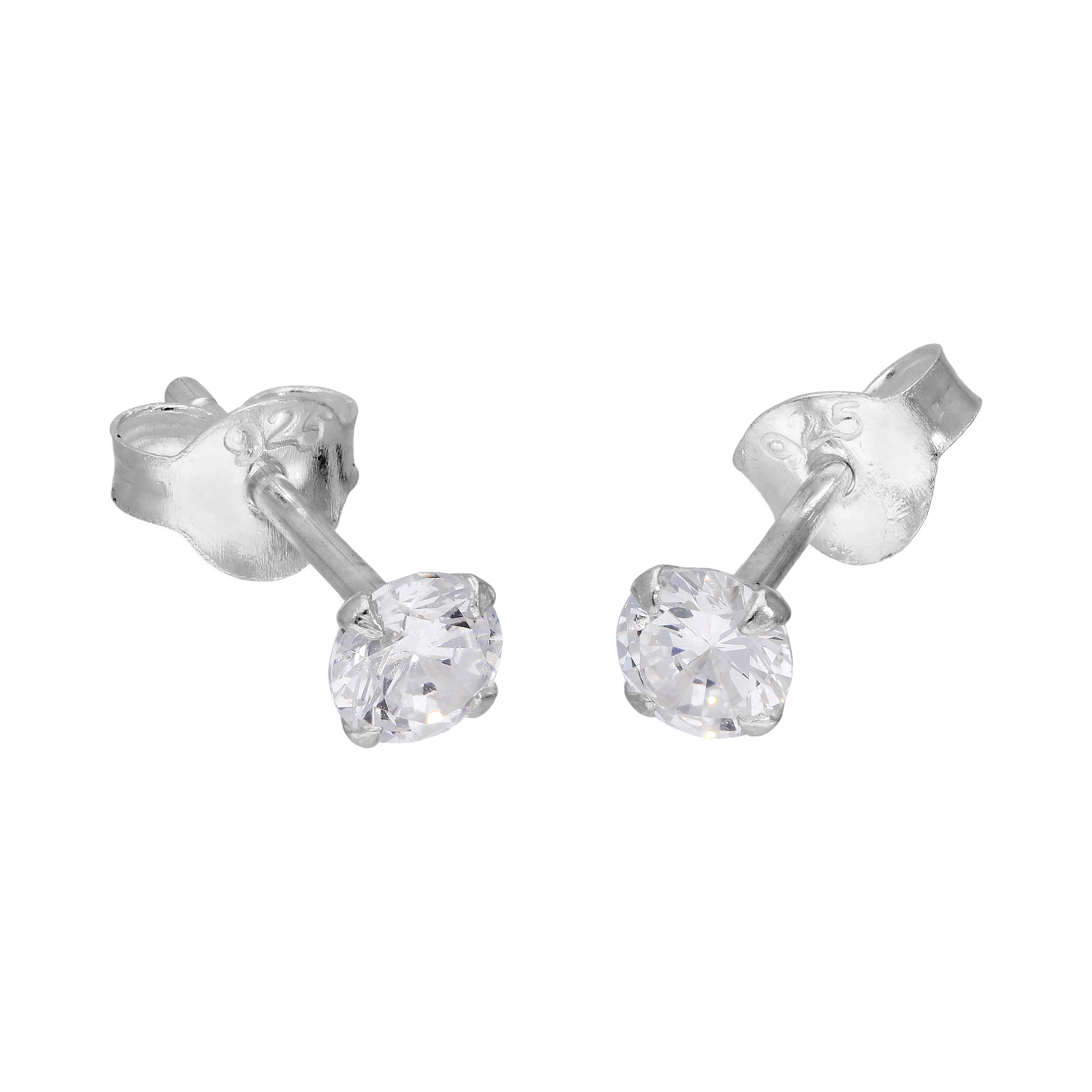 Sterlingsilber & 4 mm Rund Weiß Kristall Ohrstecker
