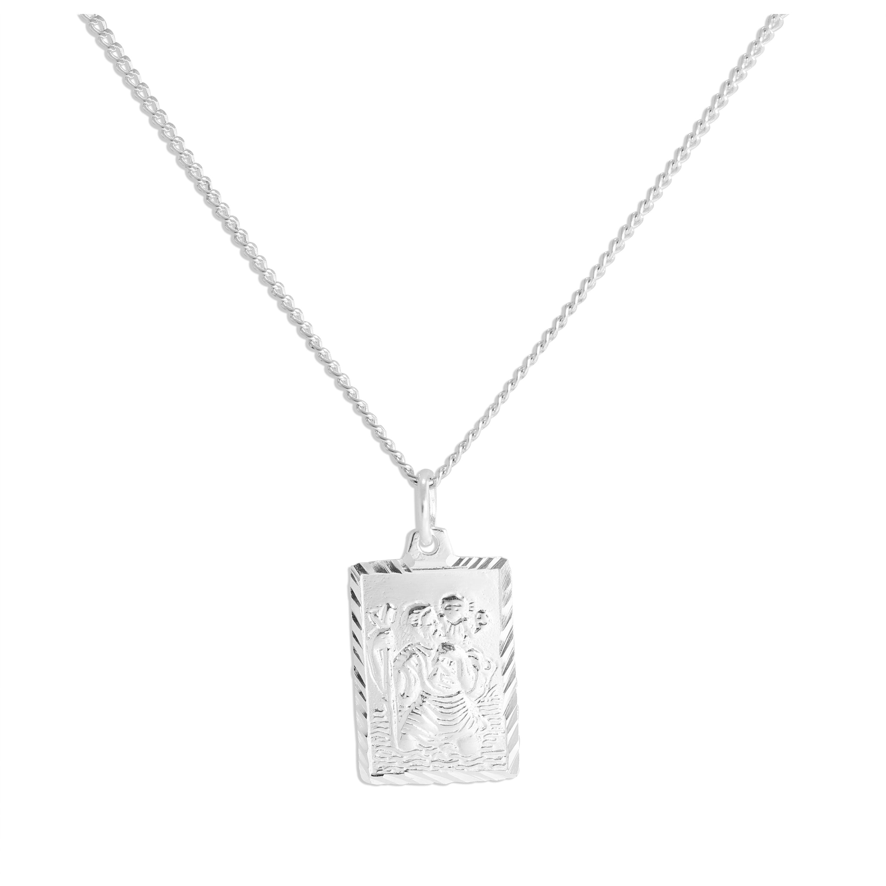 Sterlingsilber Diamantschliff Rechteckige St. Christopher Halskette 16 - 24 Zoll