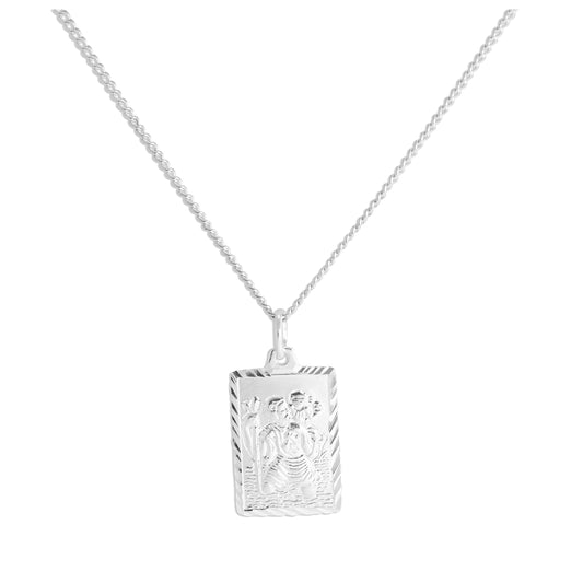 Sterling Silber Diamantschliff Rechteckige St. Christopher Halskette 16 - 24 Zoll