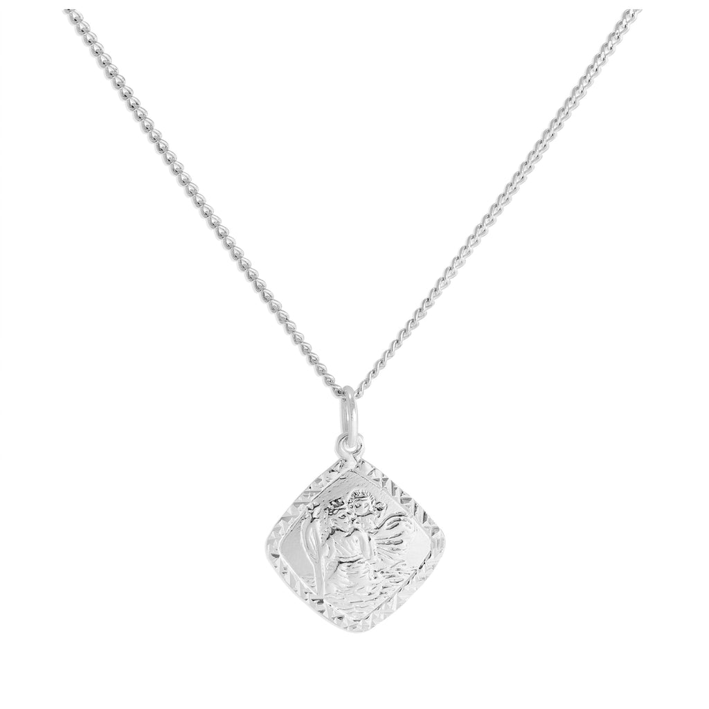 Halskette aus Sterlingsilber mit Diamantschliff und quadratischem St. Christopher-Anhänger, 16–24 Zoll