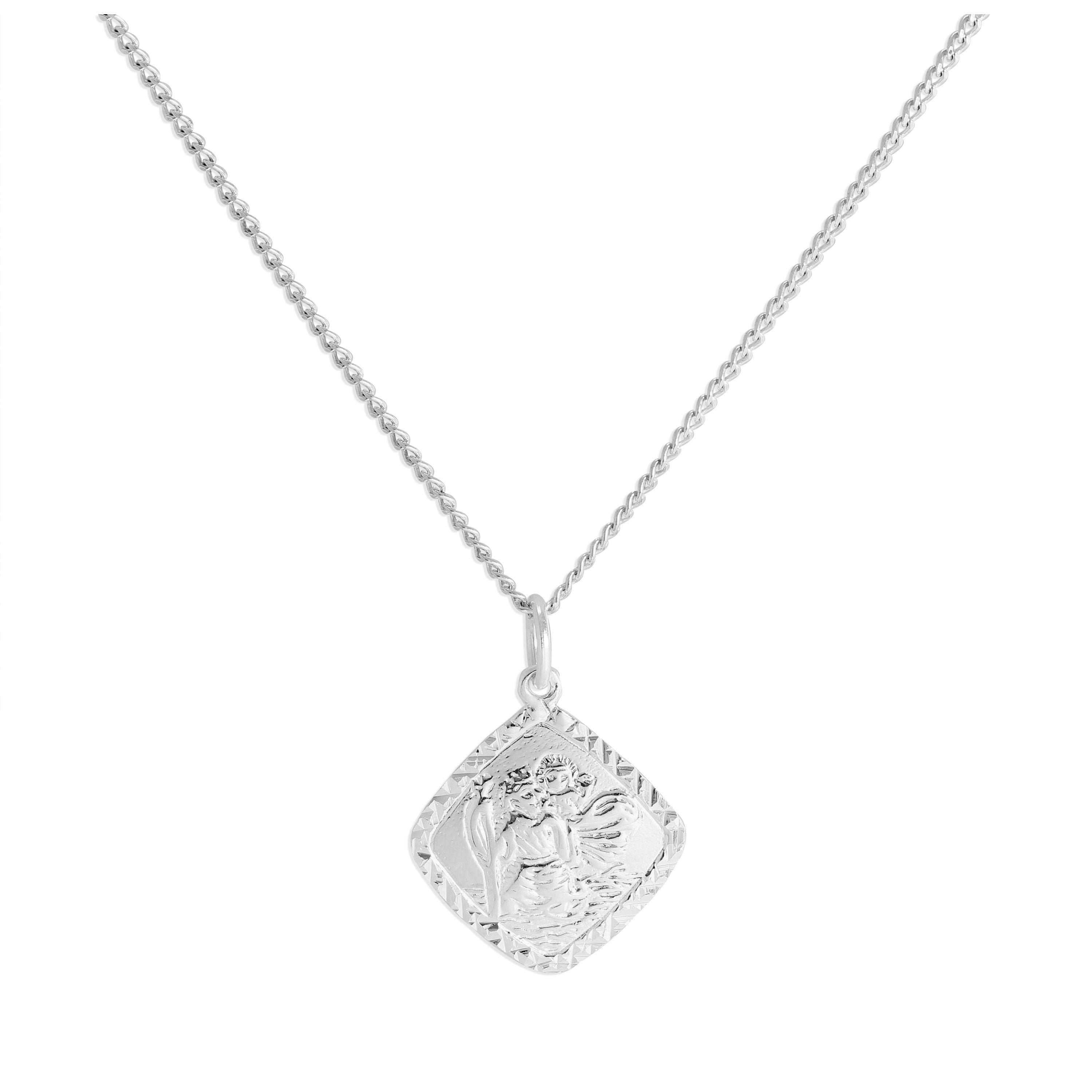 Halskette aus Sterlingsilber mit Diamantschliff und quadratischem St. Christopher-Anhänger, 16–24 Zoll