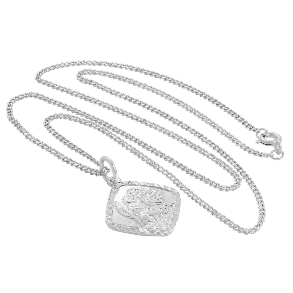 Halskette aus Sterlingsilber mit Diamantschliff und quadratischem St. Christopher-Anhänger, 16–24 Zoll
