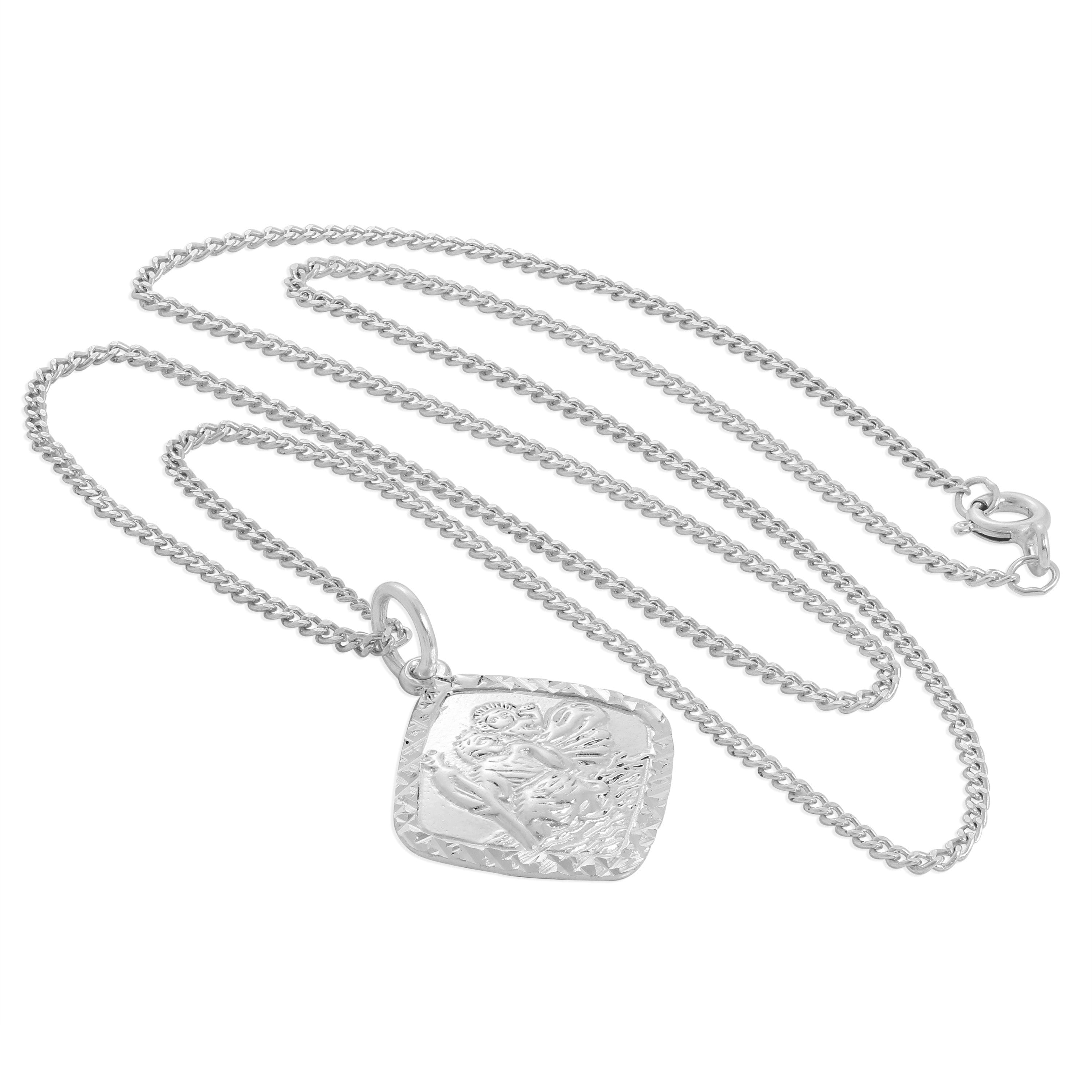 Halskette aus Sterlingsilber mit Diamantschliff und quadratischem St. Christopher-Anhänger, 16–24 Zoll