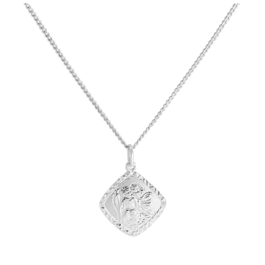 Halskette aus Sterlingsilber mit Diamantschliff und quadratischem St. Christopher-Anhänger, 16–24 Zoll