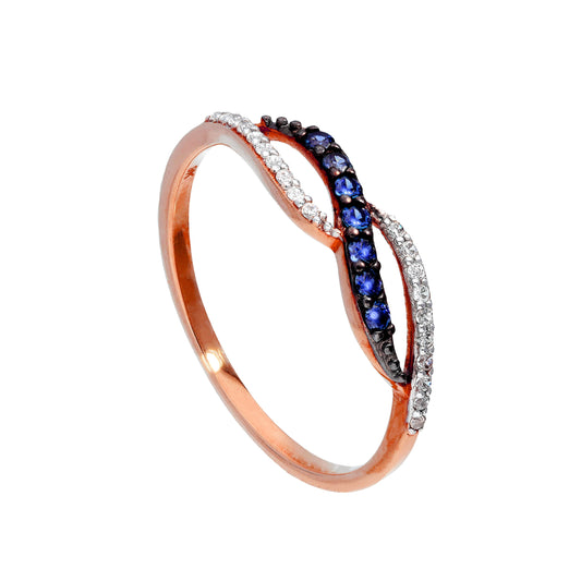 9ct Rose Gold & Sapphire Infinity Swirl Ring w Clear CZ Crystals I - U