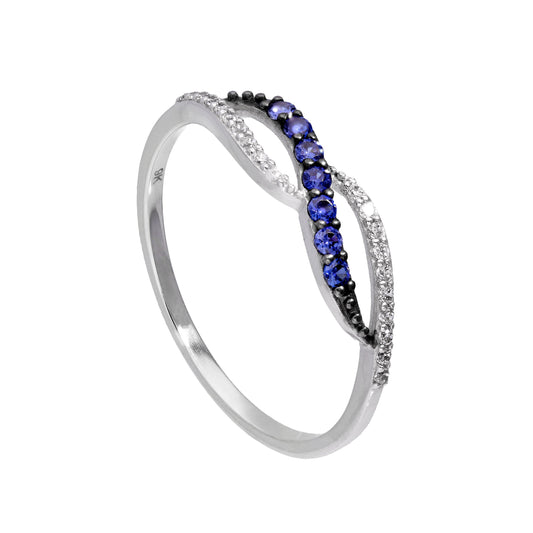 9ct White Gold & Sapphire Infinity Swirl Ring w Clear CZ Crystals I - U