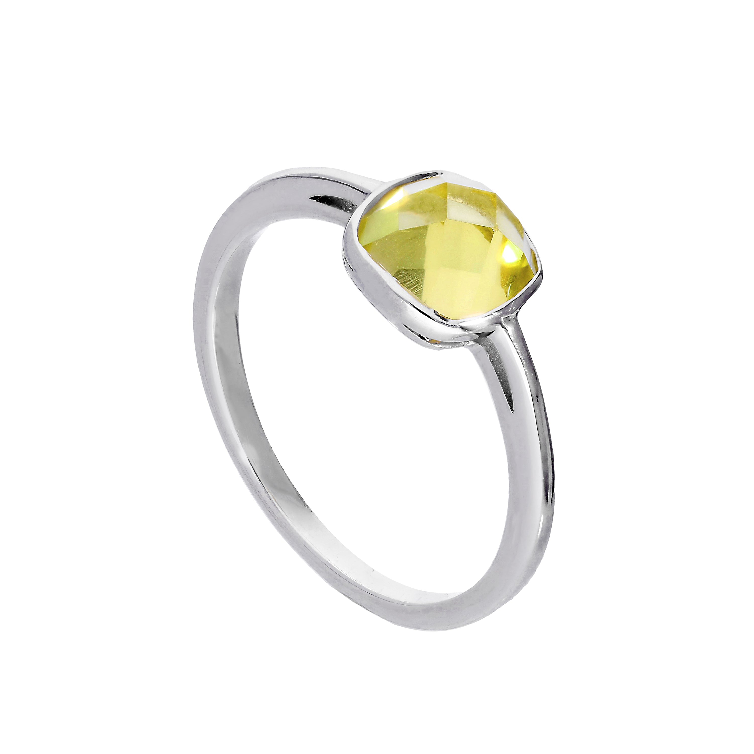 Sterlingsilber-Ring mit echtem Zitronenquarz und quadratischer Fassung Größen I - U
