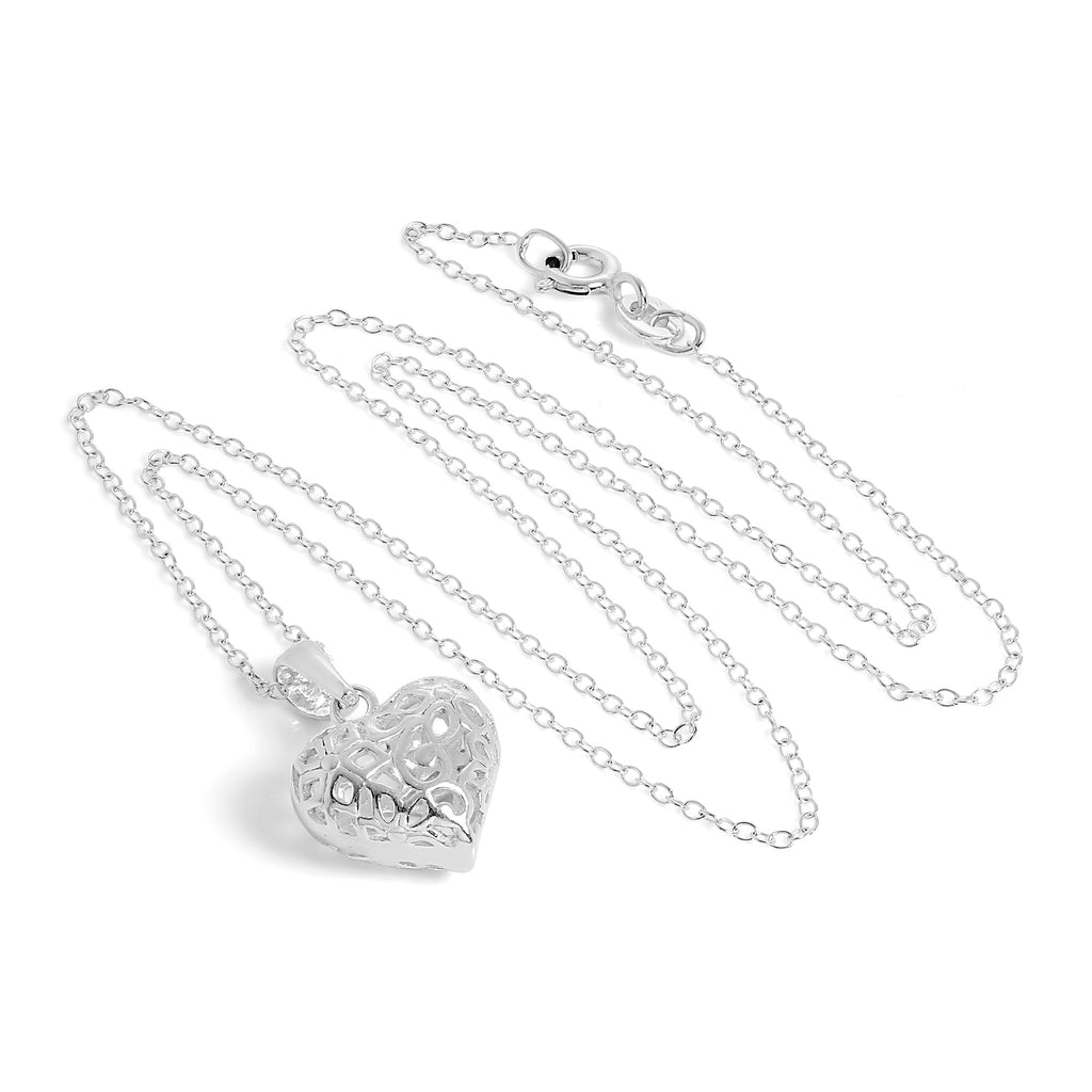 Sterlingsilber Filigran Geschwollenes Herz Anhänger an einer 45,5 cm Kette