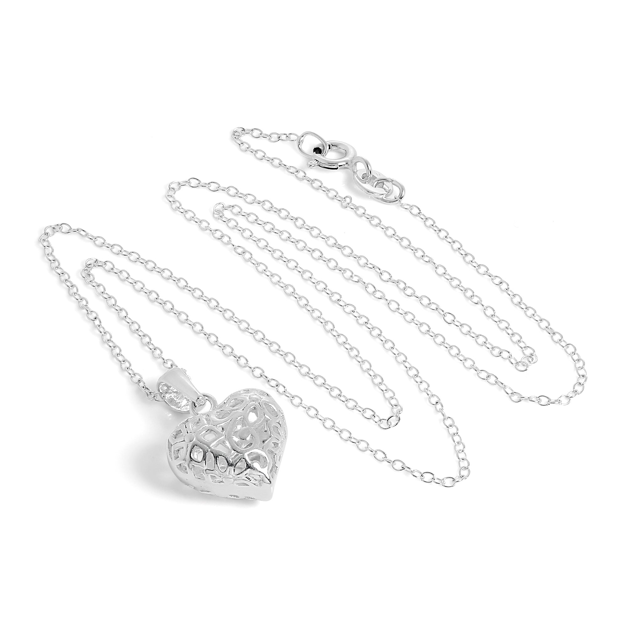 Sterlingsilber Filigran Geschwollenes Herz Anhänger an einer 45,5 cm Kette