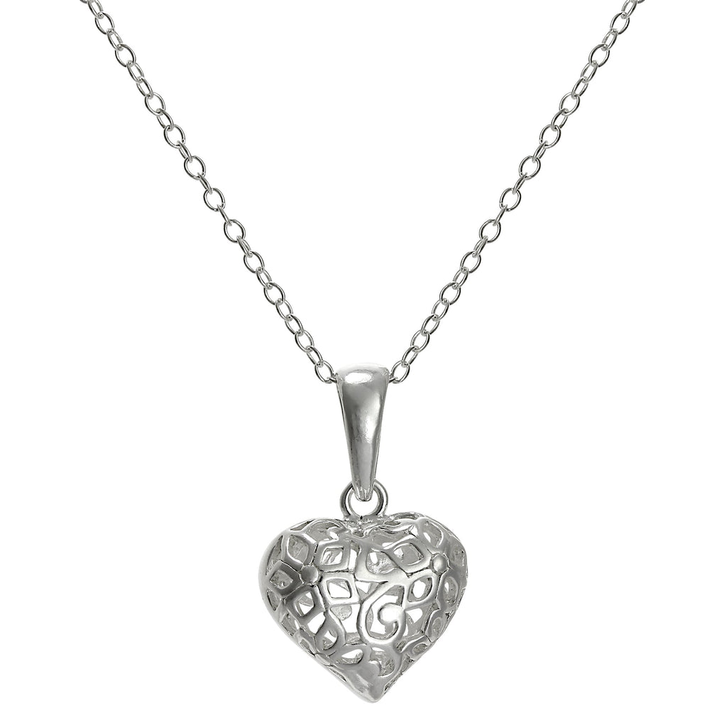 Sterlingsilber Filigran Geschwollenes Herz Anhänger an einer 45,5 cm Kette