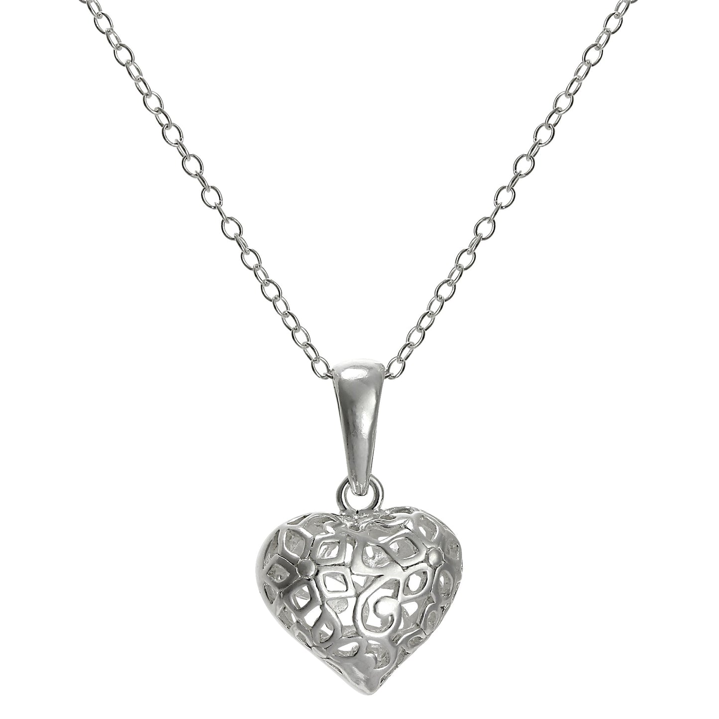 Sterlingsilber Filigran Geschwollenes Herz Anhänger an einer 45,5cm Kette