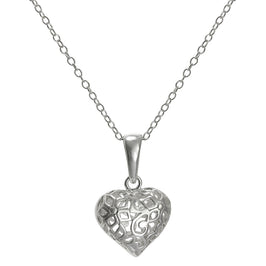 Sterlingsilber Filigran Geschwollenes Herz Anhänger an einer 45,5 cm Kette