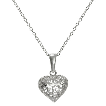 Sterlingsilber Filigran Geschwollenes Herz Anhänger an einer 45,5cm Kette