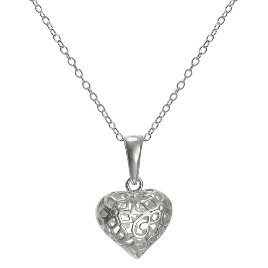 Sterlingsilber Filigran Geschwollenes Herz Anhänger an einer 45,5cm Kette
