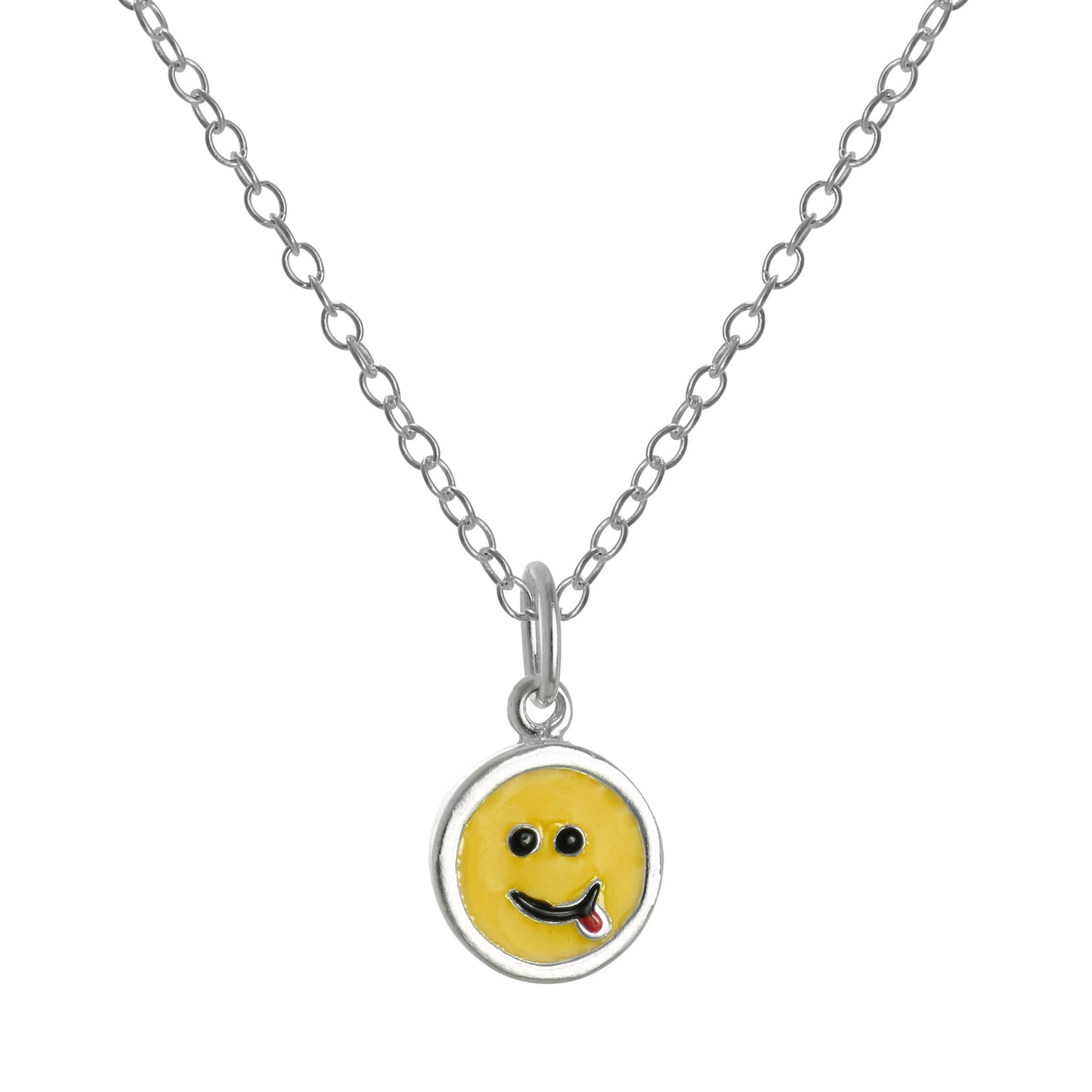 Halskette mit Anhänger aus Sterlingsilber und gelber Emaille, Smiley-Gesicht mit herausgestreckter Zunge, 14–22 Zoll