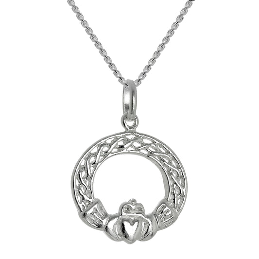 Große Halskette mit Claddagh-Anhänger aus Sterlingsilber, 16–22 Zoll