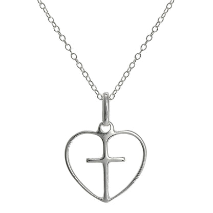 Einfach Sterlingsilber Offen Herz mit Kreuz Anhänger an 45,5cm Kette
