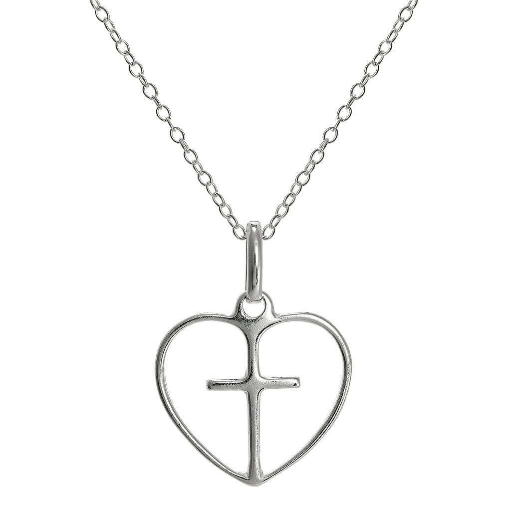 Einfach Sterlingsilber Offen Herz mit Kreuz Anhänger an 45,5 cm Kette