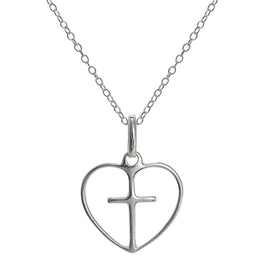 Einfach Sterlingsilber Offen Herz mit Kreuz Anhänger an 45,5 cm Kette