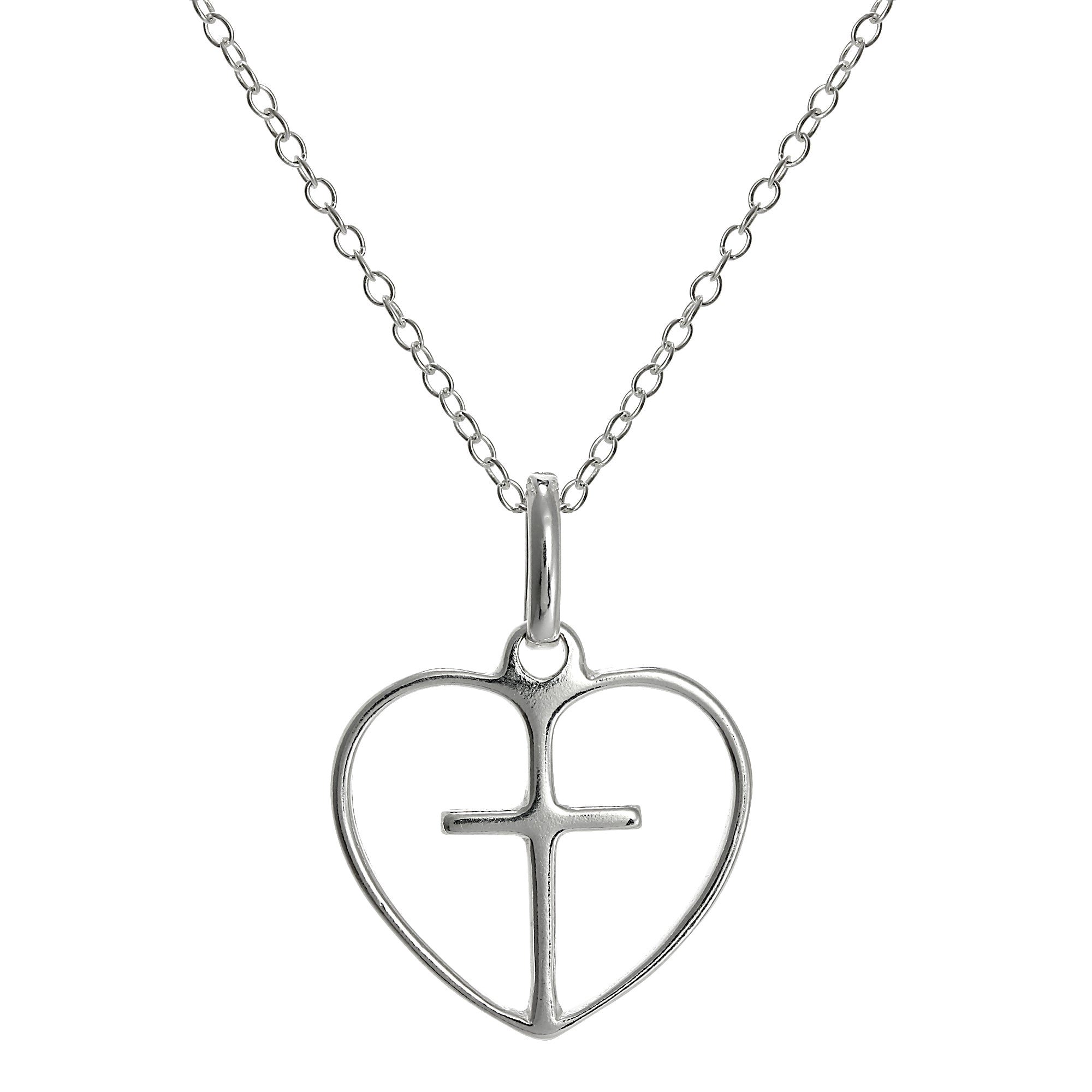 Einfach Sterlingsilber Offen Herz mit Kreuz Anhänger an 45,5 cm Kette