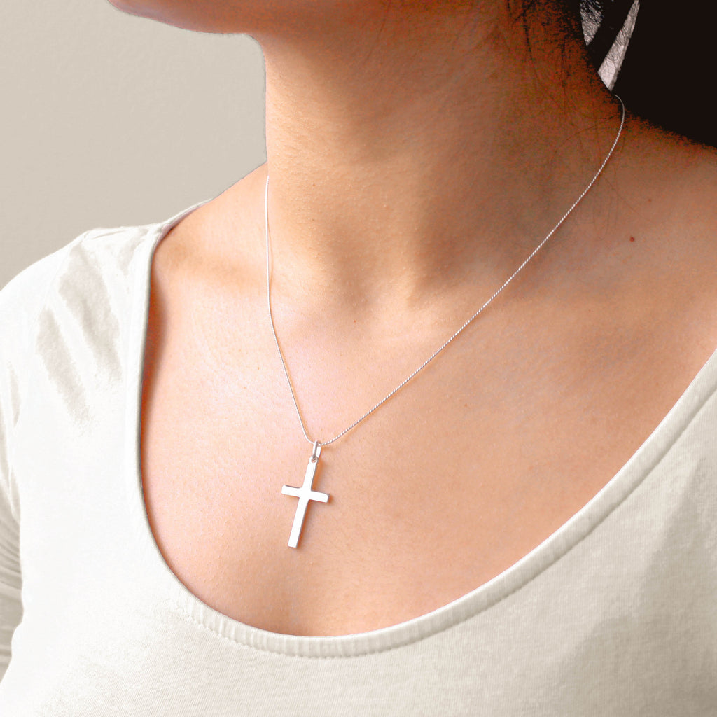 Großer schlichter Sterlingsilber Kreuz-Anhänger Halskette 16 - 22 Zoll
