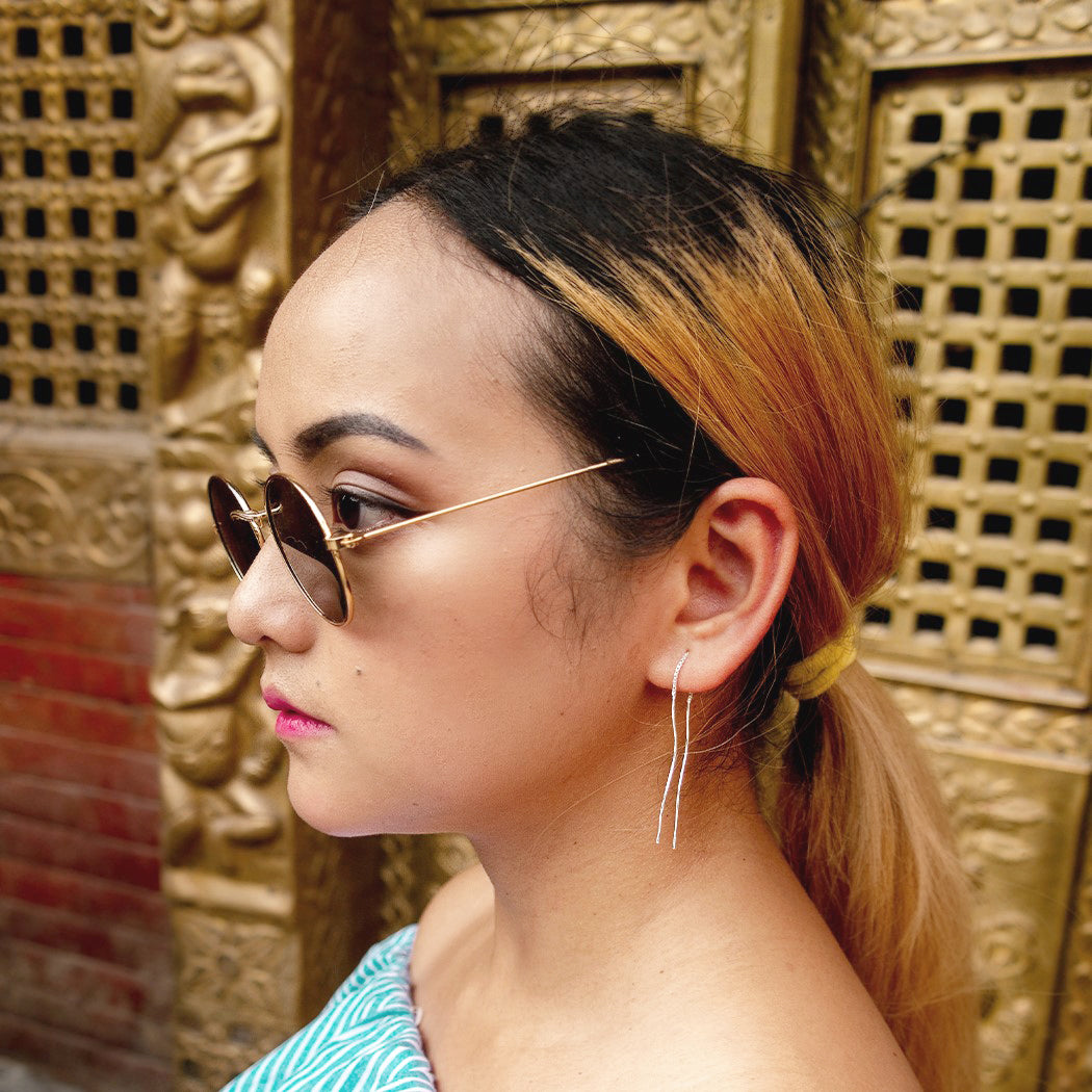 Sterlingsilber Wellig Stange Lang Baumel Durchzieher Ohrringe