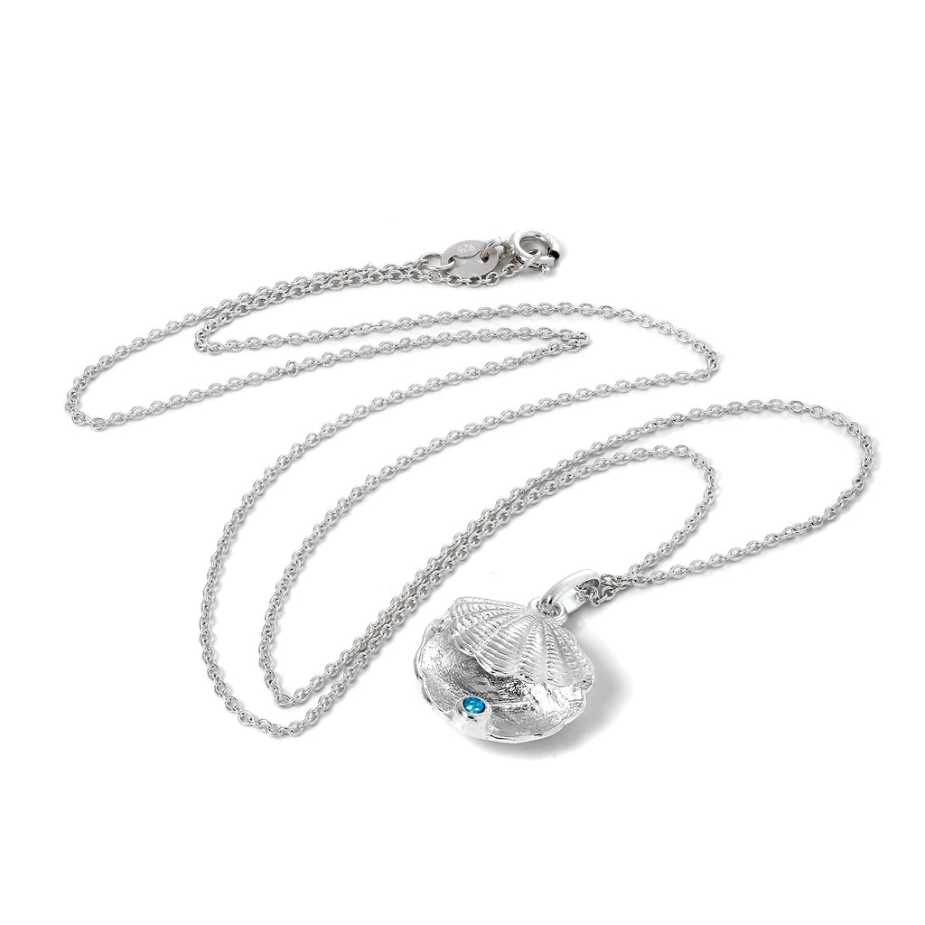 Sterlingsilber Austernmuschel mit CZ Kristall Blauer Zirkon Geburtsstein Halskette