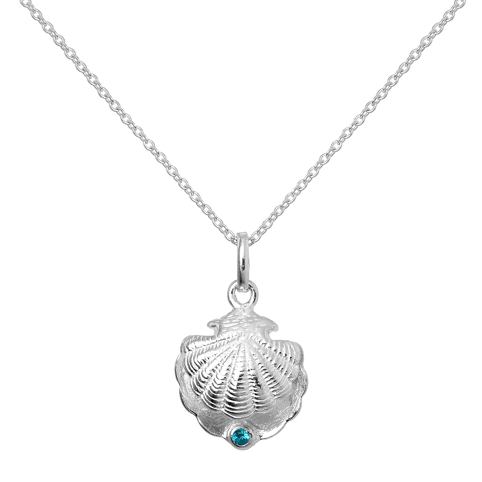 Sterlingsilber Austernmuschel mit CZ Kristall Blauer Zirkon Geburtsstein Halskette