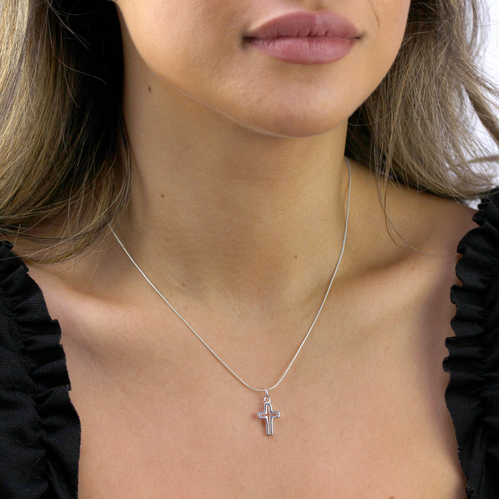 Sterlingsilber Outline Kreuz Anhänger Halskette