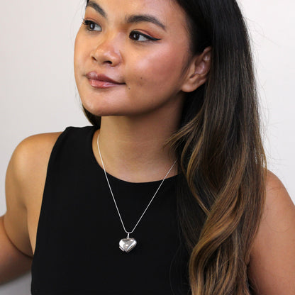 Groß Sterlingsilber Geschwollenes Herz Medaillon Anhänger Halskette 40,5 - 56cm