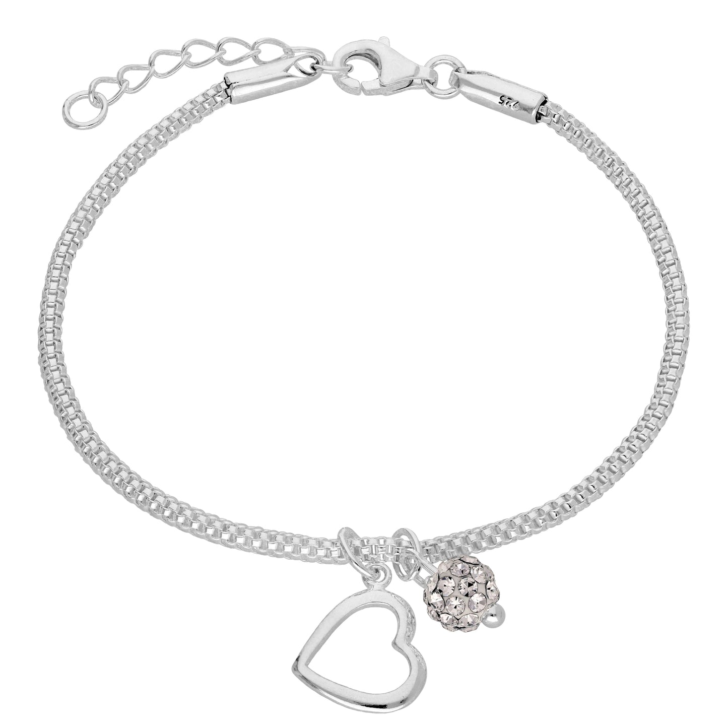 Sterlingsilber Schlangenarmband mit Offen Herz & CZ Kristall Kugel Anhängern