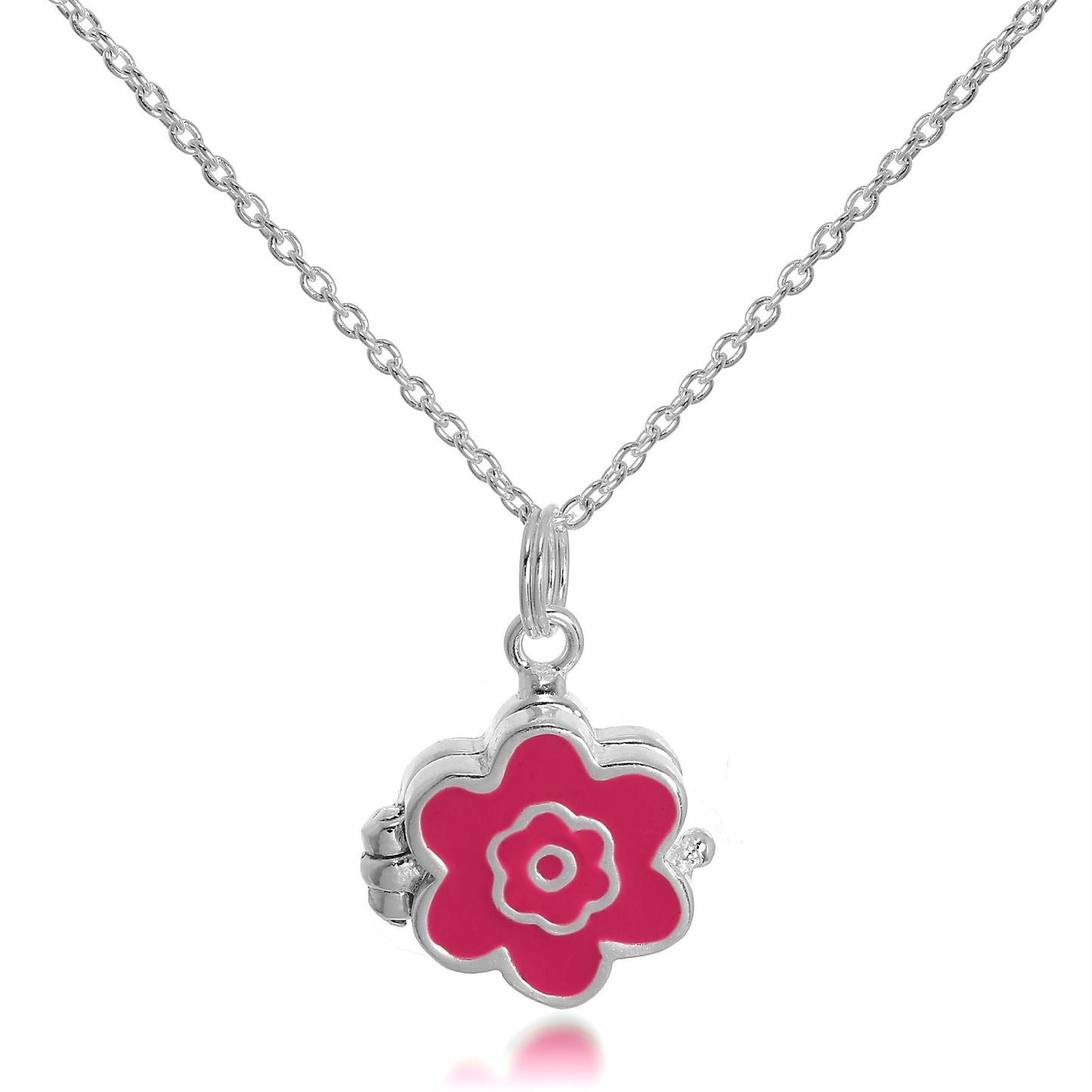 Small Sterling Silver & Enamel Flower Locket on 18 Inch Chain