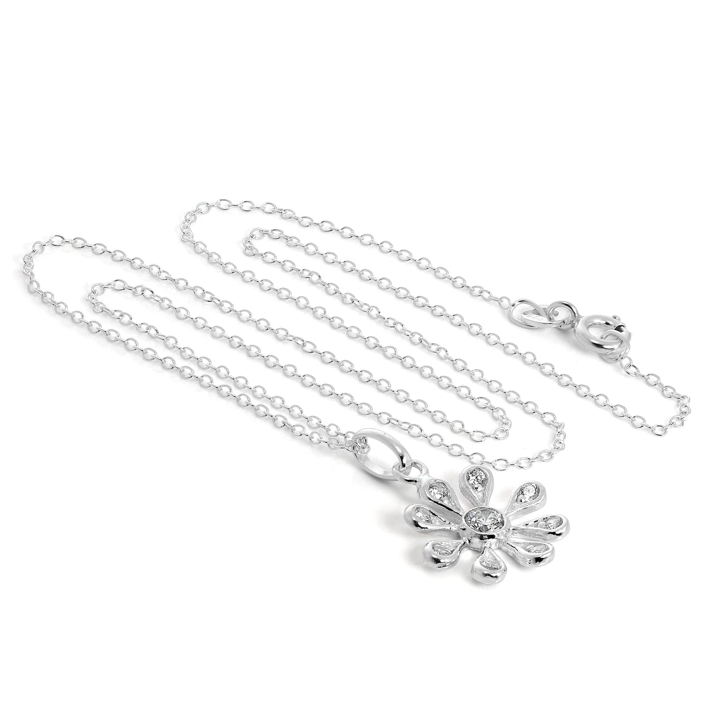 Sterlingsilber & CZ Kristalle Blume Anhänger Halskette an 40,5cm Kette