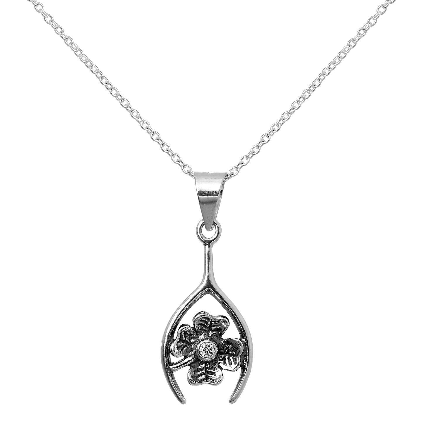 Sterling Silver Lucky Clover & Wishbone Pendant Necklace