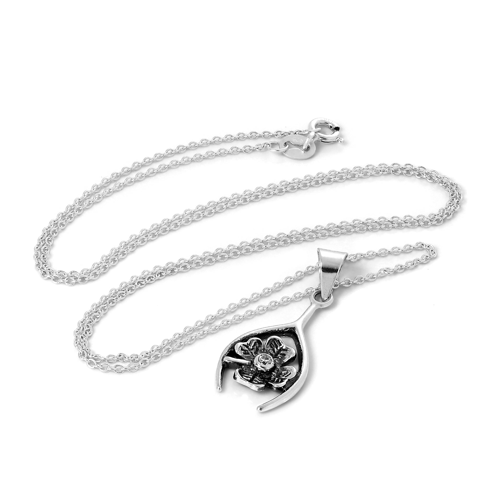 Sterlingsilber Glücks Kleeblatt & Wünschelrute Anhänger Halskette