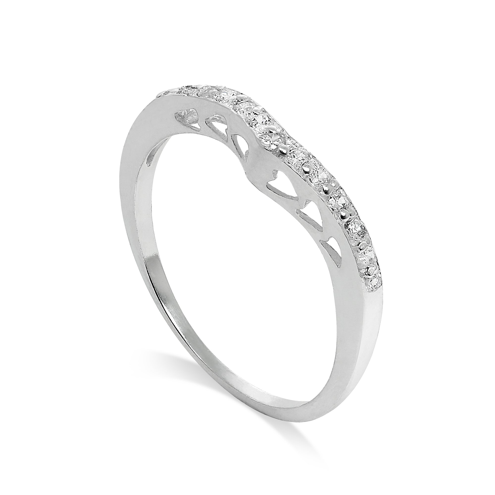 Sterlingsilber- und CZ-Kristall-Wishbone-Ring mit Herzen Größe I – W