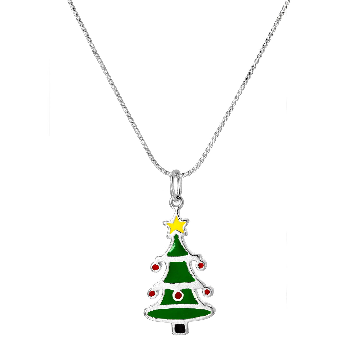 Sterling Silber emaillierte Weihnachtsbaum-Anhänger Halskette 16 - 22 Zoll