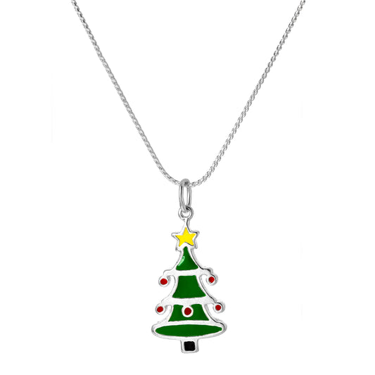 Sterling Silver Enamelled Christmas Tree Pendant Necklace 16 - 22 Inches