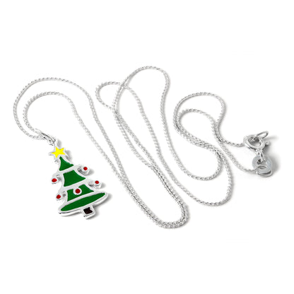 Sterling Silber emaillierte Weihnachtsbaum-Anhänger Halskette 16 - 22 Zoll