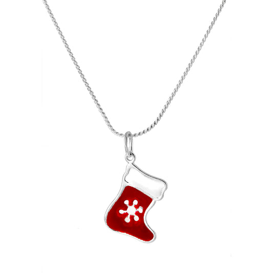 Sterling Silver Enamelled Red Christmas Stocking Pendant Necklace 16 - 22 Inches