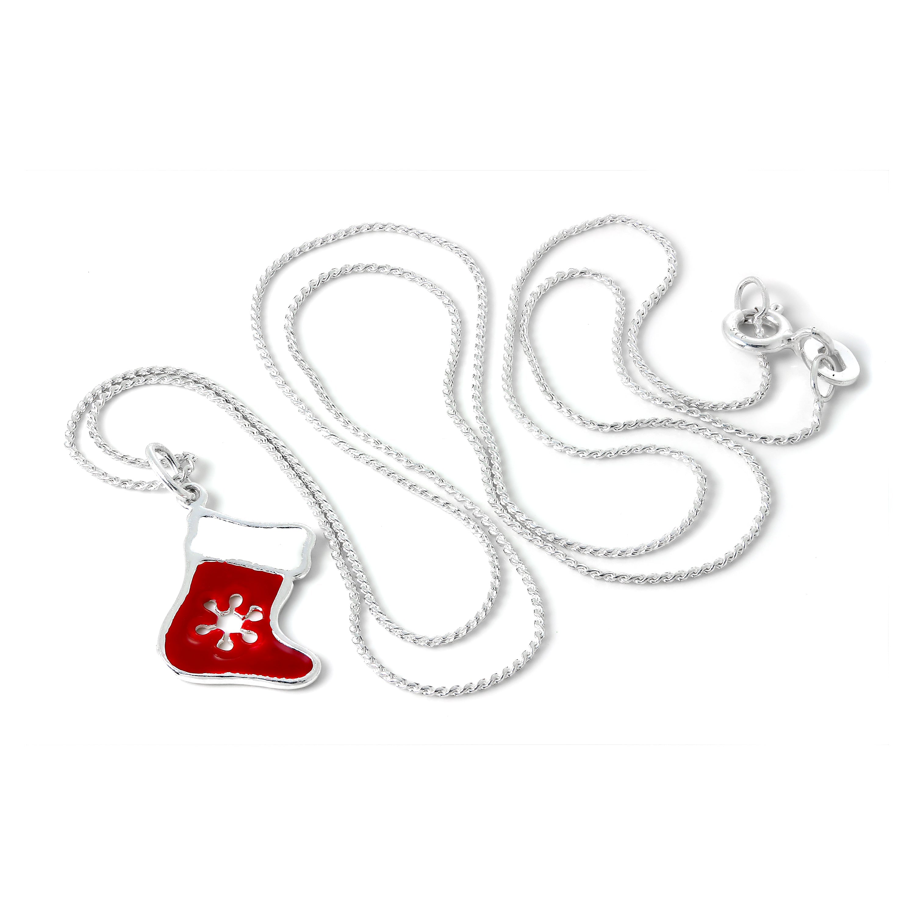 Halskette mit emailliertem rotem Weihnachtsstrumpf aus Sterlingsilber 16–22 Zoll