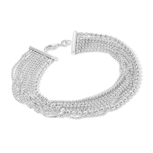 Sterling Silver Box & Bead Chain Multi Strand Cuff Bracelet