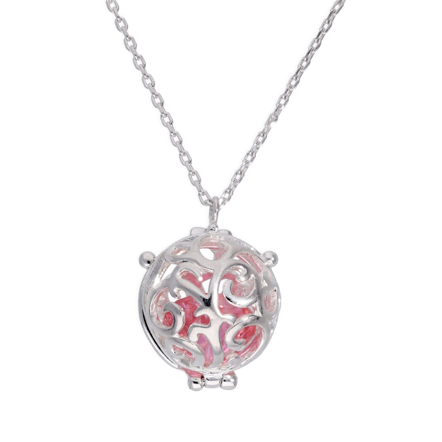 Sterling Silver Filigree Sphere Locket with Pink CZ Crystal