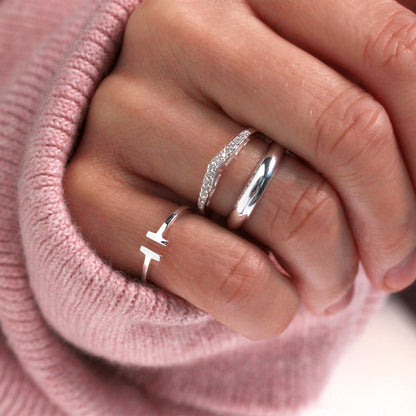 Sterling-Silber- und CZ-Kristall-Wishbone-Ring mit Herzen Größe I – W