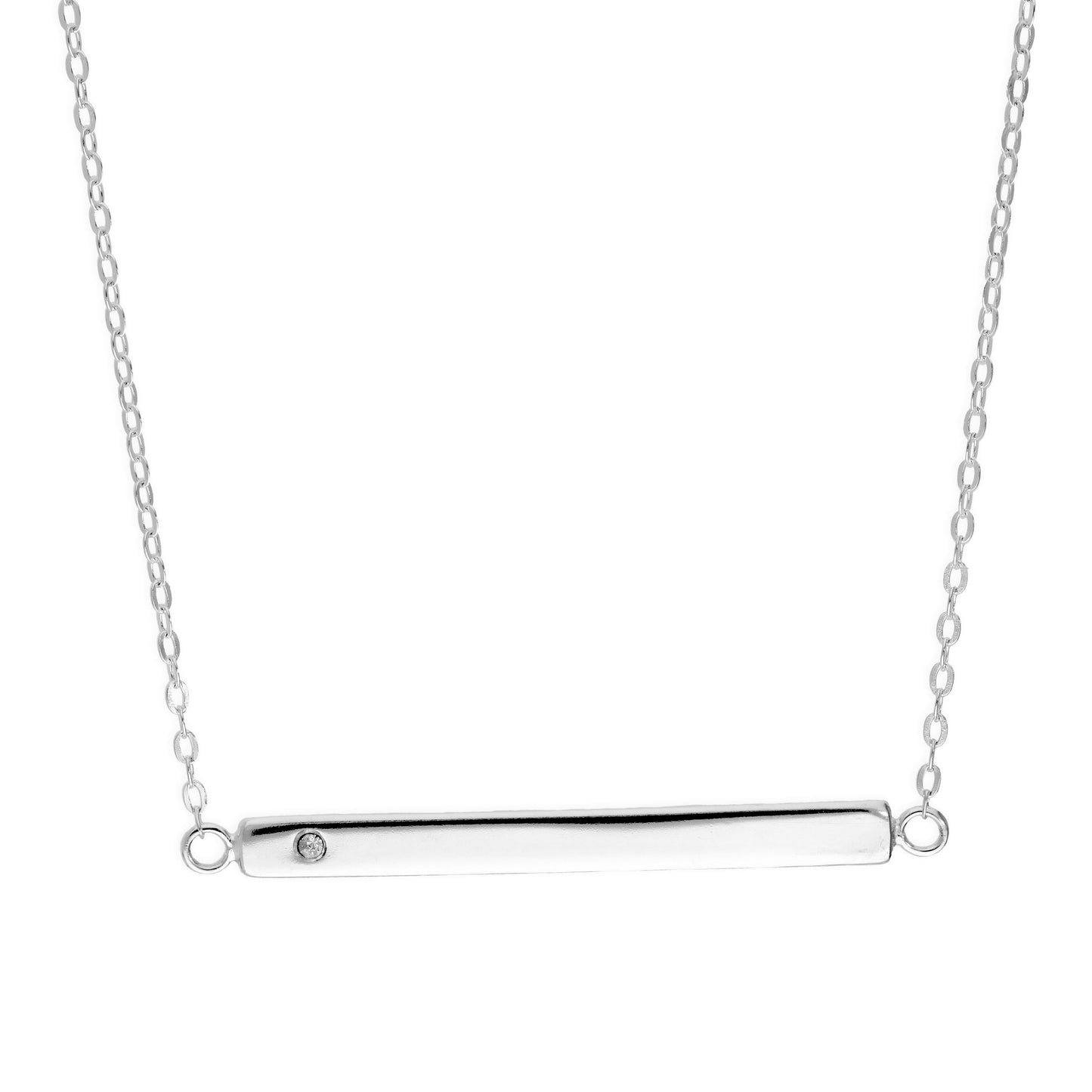 Sterling Silver Clear CZ Engravable Bar Necklace 18 Inch Chain